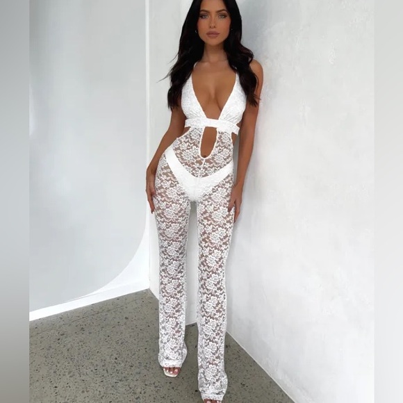 Outcast Suede Jumpsuit White Lace XS Pantsuit Halter Plunge Festival Sheer NWT - Picture 1 of 10
